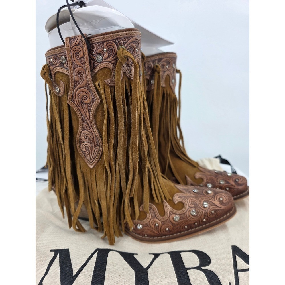 Myra Goldrush Suede Fringe Western Boots Tooled Leather Rhinestone Size 10 NWT - Picture 3 of 9